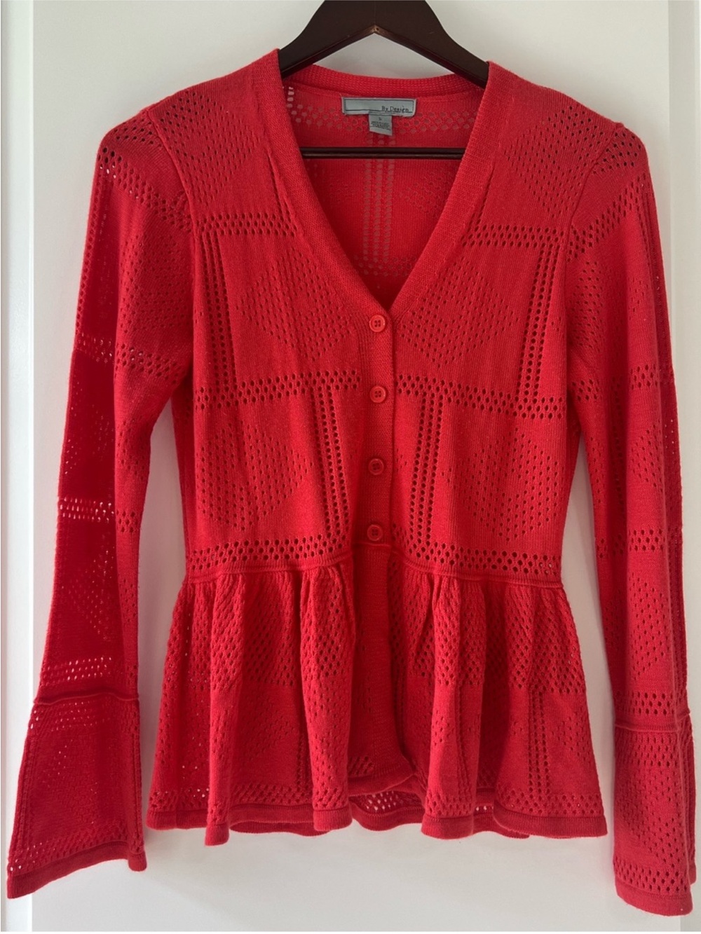 By Design Coral Red Pointelle Knit Peplum Cardigan Sz Small Bell Flared Sleeve